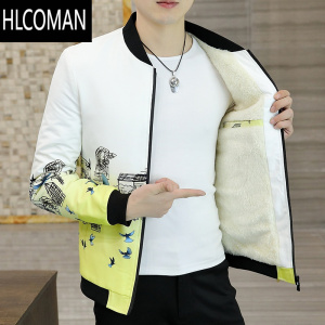 HLCOMAN男士外套韩版修身加绒立领夹克男秋装个性潮男冬装加厚棉衣服