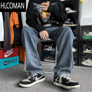 HLCOMAN牛仔裤男冬季oversize美式潮牌男裤高街宽松直筒加绒加厚裤子