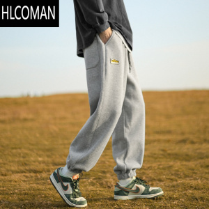 HLCOMAN灰色卫裤男秋季新款加绒美式男生运动裤宽松束脚休闲裤子男款