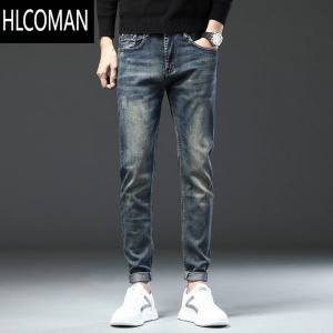 HLCOMAN2023新款男士牛仔裤冬季修身小脚裤潮牌加绒加厚弹力休闲长裤