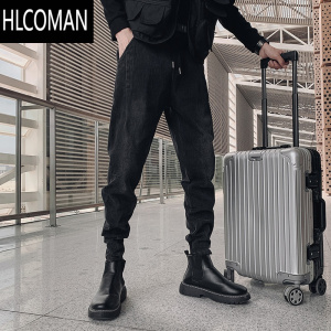HLCOMAN黑色牛仔裤男士2023年新款潮牌小脚男装加绒加厚哈伦长裤子