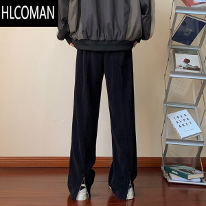HLCOMAN米白色灯芯绒裤子加绒厚cleanfit西裤垂感高级感男直筒微喇休闲裤