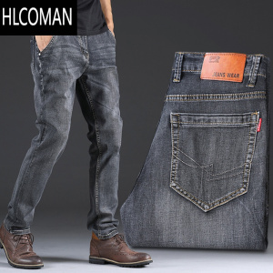 HLCOMAN高端烟灰色牛仔裤男款直筒宽松男裤2023新款加绒加厚裤子冬季