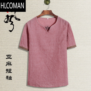 HLCOMAN中国风男装棉麻T恤夏季宽松汉服短袖古风上衣中式复古唐装亚麻t恤