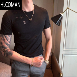 HLCOMAN2022夏季镂空圆领短袖男士纯色T恤修身百搭破洞透气打底潮流
