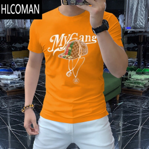 HLCOMAN2024新款男士圆领短袖t恤夏季半袖潮牌个性烫钻青年运动上衣