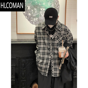 HLCOMAN19studio 经典百搭款复古黑白格子衬衫男宽松衬衣外套