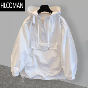 HLCOMAN潮牌口袋工装拼接设计感连帽服外套男薄款潮流宽松风衣