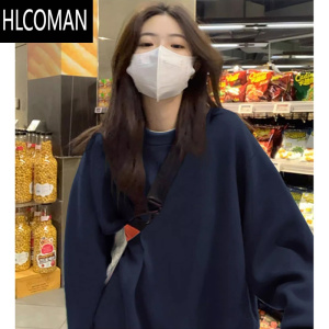 HLCOMAN藏青色无帽圆领卫衣男款中性穿搭情侣外套美式长袖打底衫