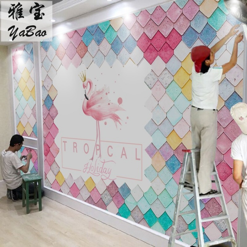 梦卡琳(DREAMKARIN)雅宝壁画粉色少女马卡龙ins北欧火烈鸟墙纸美甲店店壁纸