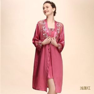 美帮汇新100桑蚕丝吊带睡裙两件套秋冬蕾丝花边睡衣女真丝睡袍