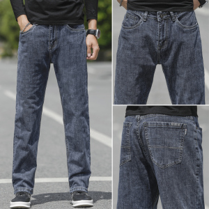 金盾(KIN DON)冬天厚款烟灰色牛仔裤男士直筒宽松冬季高端韩版潮牌休闲阔腿裤子42码44码