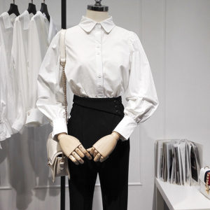 YIBUSHENG设计感小众白衬衫女长袖2021春装新款韩范灯笼袖衬衣百搭棉质上衣