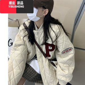 YIBUSHENG美式复古菱形格棉服女2023新款设计感小众加厚夹克棒球服外套