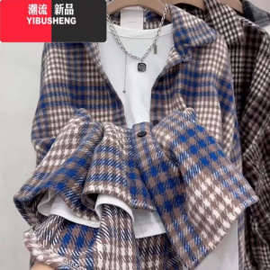 YIBUSHENG设计感小众磨毛格子百搭日系衬衫女季宽松遮肚子上衣保暖外套