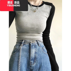 YIBUSHENG美式复古修身显瘦t恤女长袖2023新款独特别致上衣设计感小众