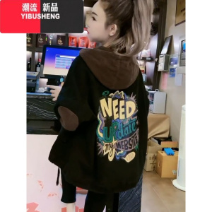 YIBUSHENG高级感炸街加绒连帽短款外套女春季新款韩版休闲棉服牛仔上衣