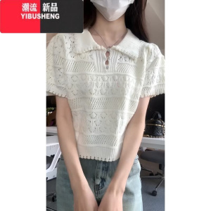 YIBUSHENG2024新款钩花镂空polo领针织白色短袖t恤女法式甜辣小上衣短款