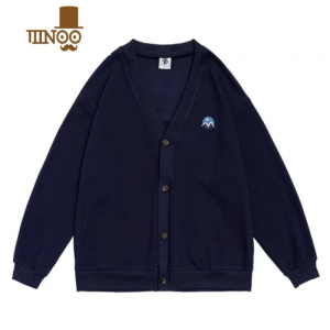 YANXU藏青色华夫格基础款针织衫开衫男春季宽松休闲情侣装长袖上衣外套