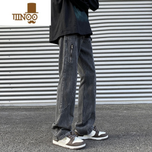 YANXU牛仔裤2023新款男士潮牌设计感宽松裤子美式vibe高街直筒阔腿长裤