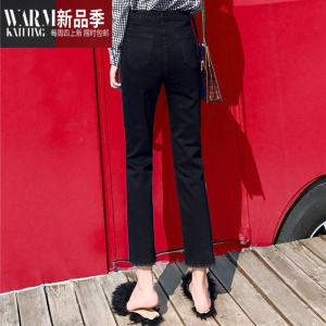 SHANCHAO黑色烟管牛仔裤女2023年新款薄款筒小个子高腰显瘦八九分裤