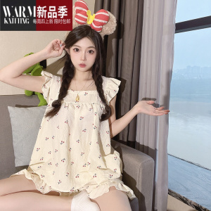 SHANCHAO夏季可爱小樱桃少女睡衣吊带棉麻薄款2023年新款小个子家居服套装