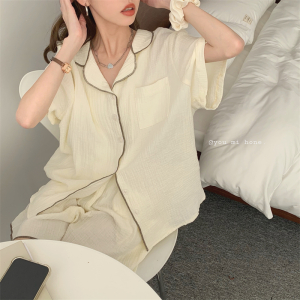 SHANCHAO睡衣女夏季短袖开衫纯色纱2023年新款网红简约休闲家居服套装