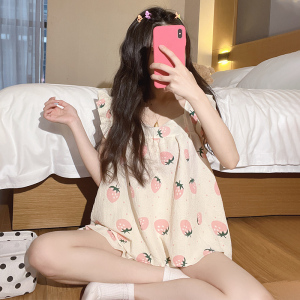 SHANCHAO梭织棉吊带睡衣女夏季2023年新款日系甜美宽松少女居服套装