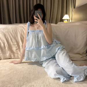 SHANCHAO棉绸睡衣女夏季薄款麻纱布吊带套装韩版甜美公主风家居服