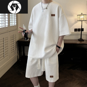 HongZun休闲运动男生酷帅穿搭套装夏季短袖短裤两件套华夫格新款高级感