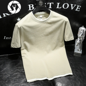 HongZun假两件白色短袖T恤男士青年纯色圆领打底衫夏季新款高端潮流t