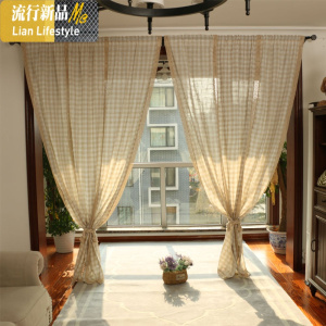 亚麻拼接格子窗帘北欧美式透光不透人客厅卧室阳台窗帘成品可定制 三维工匠