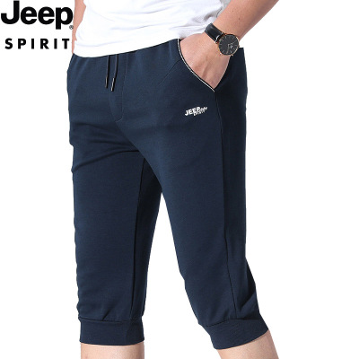 JEEPSPIRIT吉普男士休闲裤中腰系带棉质七分裤运动松紧腰小脚裤夏装新款透气7分短裤
