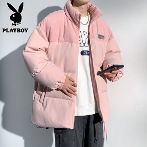 PLAYBOY撞色绣标立领棉服男士上衣服冬季新款青少年休闲宽松外套