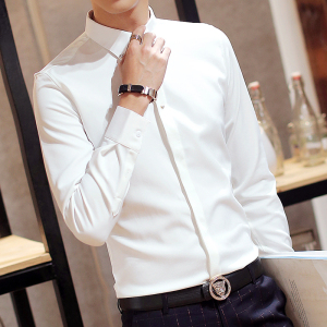 SUNTEK帅气男士商务加绒衬衣正装男潮流长袖白色寸衫韩版修身加厚白衬衫衬衫