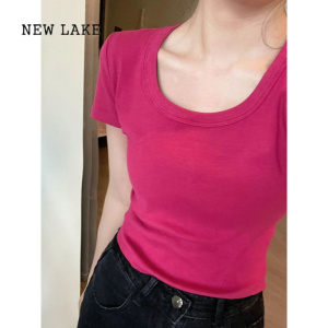 NEW LAKE2024年夏季新款纯欲风辣妹玫红色短袖t恤女修身显瘦露脐短款上衣