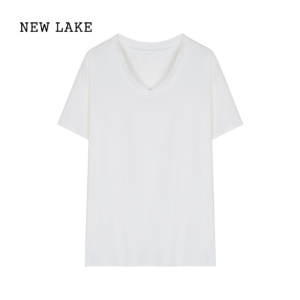 NEW LAKE白色V领短袖T恤女装夏季宽松百搭休闲慵懒风内搭黑色上衣