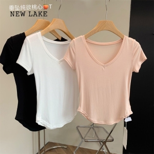 NEW LAKE2024年春夏季新款韩版基础百搭白色V领短袖修身T恤女小个子穿搭