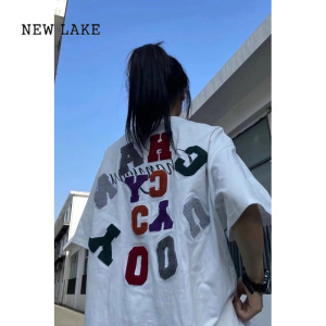NEW LAKE美式复古纯棉oversize短袖t恤女夏潮牌欧美高街chic港味半袖上衣