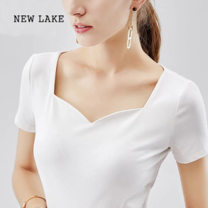 NEW LAKE95%棉短袖t恤女2024夏季新款复古方领修身显瘦洋气百搭打底上衣潮