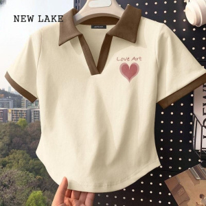 NEW LAKE新款纯棉法式甜美风polo短袖女V领t恤夏季新款修身高腰显瘦上衣潮
