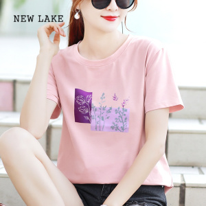 NEW LAKE纯棉短袖紫色t恤女装夏装2024年夏季宽松韩版半袖体恤上衣服女士
