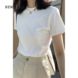 NEW LAKE基础款白色正肩短袖t恤女2024年新款韩版圆领修身显瘦纯棉上衣ins