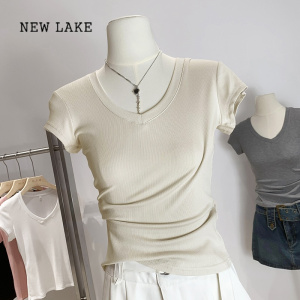 NEW LAKE欧货灰色V领短袖T恤女修身显瘦夏季新款弹力百搭设计感正肩上衣潮