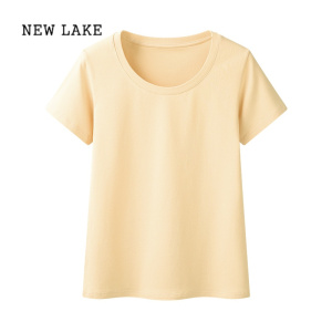NEW LAKE正肩短袖t恤女2024新款夏季纯棉上衣百搭圆领修身打底体恤