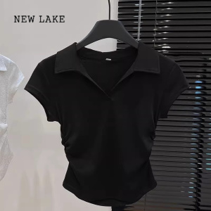 NEW LAKE设计感收腰polo领正肩短袖女上衣夏季美式辣妹v领修身抽褶灰色t恤