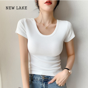 NEW LAKE白色V领短袖t恤女短款2024夏天露锁骨修身正肩上衣纯棉螺纹体恤