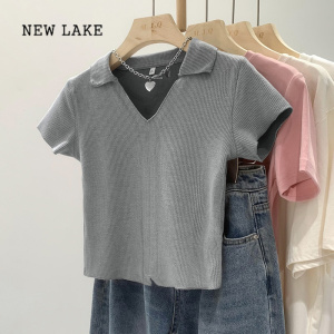 NEW LAKE正肩针织短袖T恤女夏季2024年新款修身显瘦小个子V领锁骨短款上衣