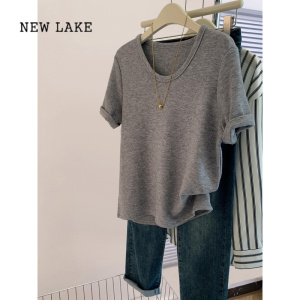 NEW LAKE灰色u领正肩短袖t恤女夏季夏装2024年新款小个子纯色显瘦体恤上衣
