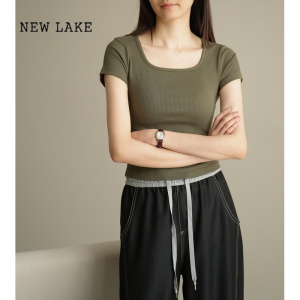NEW LAKE优可丝木纤维 女士罗纹方领短袖 弹力T恤 修身短款上衣 夏款女装